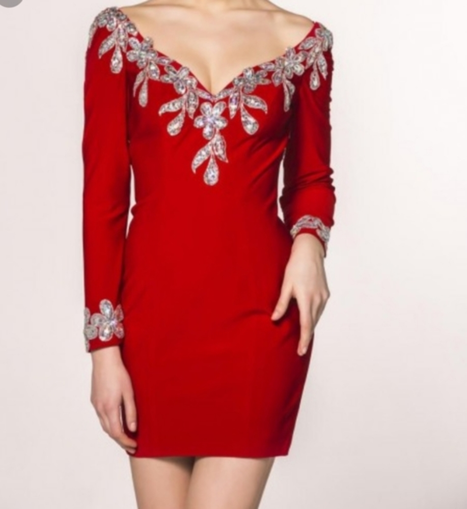 Angela & Alison Jeweled red long sleeve dress gown